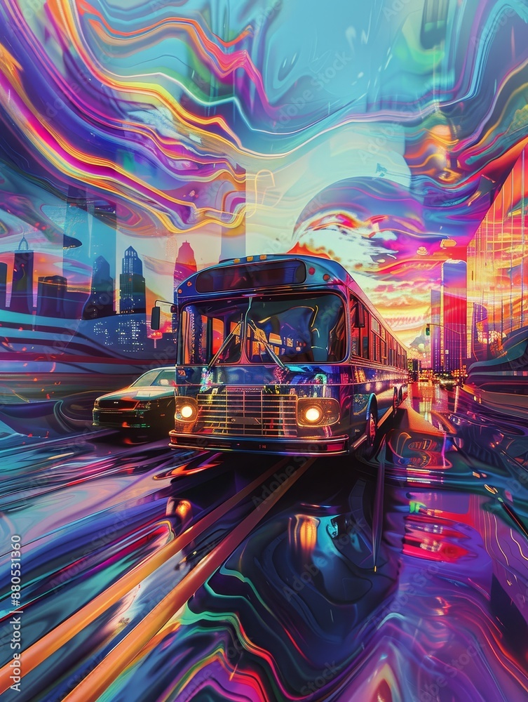 Obraz premium Psychedelic Cityscape - A surreal cityscape with a bus driving through a psychedelic, liquid-like street - A surreal cityscape with a bus driving through a psychedelic, liquid-like street