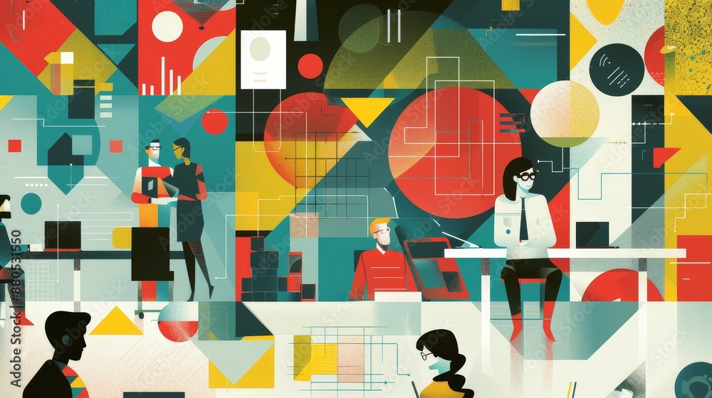 Abstract Business Illustration - Abstract illustration of business people working in a modern office with geometric shapes and colors representing technology and innovation. - Abstract illustration of Abstract Business Illustration - Abstract illustration of business people working in a modern office with geometric shapes and colors representing technology and innovation. - Abstract illustration of