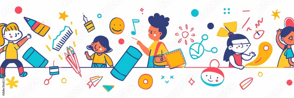 Colorful Illustration of Happy Children Learning and Playing - A colorful illustration depicting happy children engaged in learning and playing activities, highlighting the joy and creativity of educa Colorful Illustration of Happy Children Learning and Playing - A colorful illustration depicting happy children engaged in learning and playing activities, highlighting the joy and creativity of educa