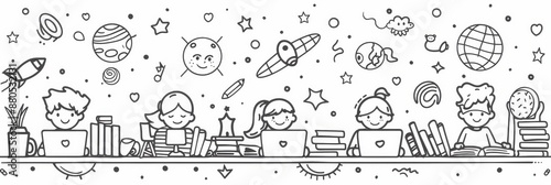 Kids Learning and Exploring - A fun illustration of children learning and exploring together with colorful doodles depicting their imagination and curiosity. - A fun illustration of children learning 