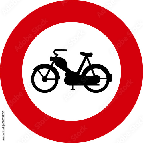 Round red, white and black colored prohibition sign no mopeds allowed beyond this point. Illustration made July 11th, 2024, Zurich, Switzerland.