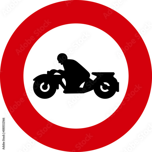 Round red, white and black colored prohibition sign no motorcycles allowed beyond this point. Illustration made July 11th, 2024, Zurich, Switzerland.