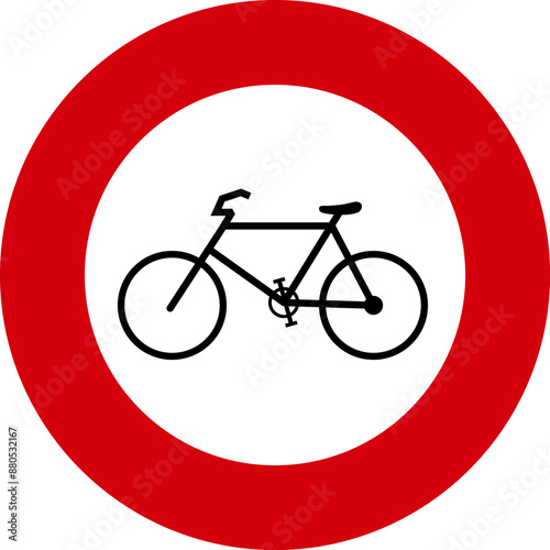 Round red, white and black colored prohibition sign no bicycles allowed beyond this point. Illustration made July 11th, 2024, Zurich, Switzerland.