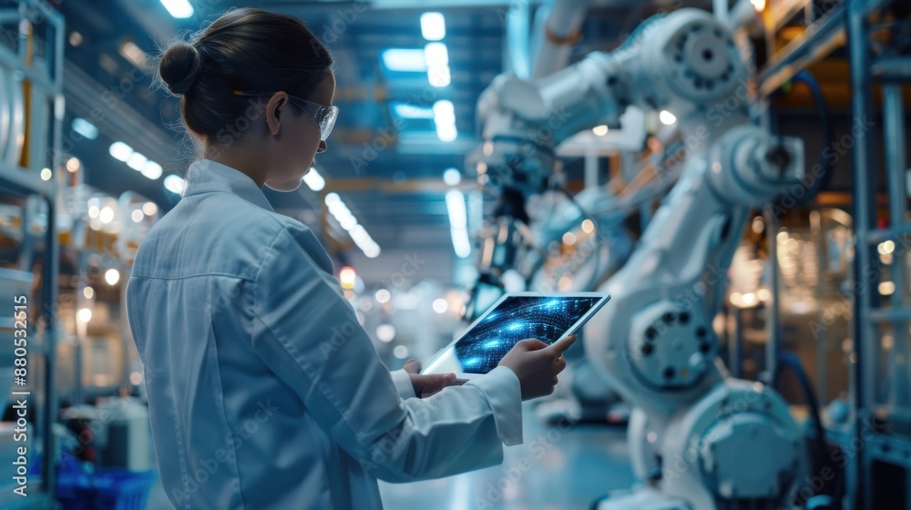 Industry engineer using digital tablet with automated robot arm machine learning operation, monitoring of the system, and monitoring of business operations Industry engineer using digital tablet with automated robot arm machine learning operation, monitoring of the system, and monitoring of business operations