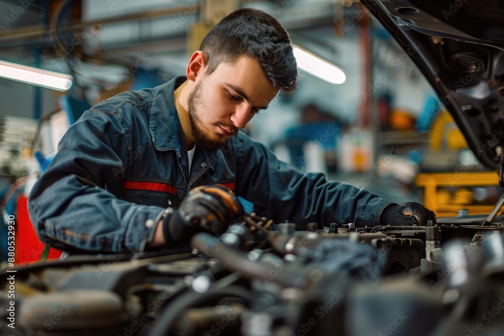 Young mechanic in uniform fixing a car engine in auto repair shop Young mechanic in uniform fixing a car engine in auto repair shop