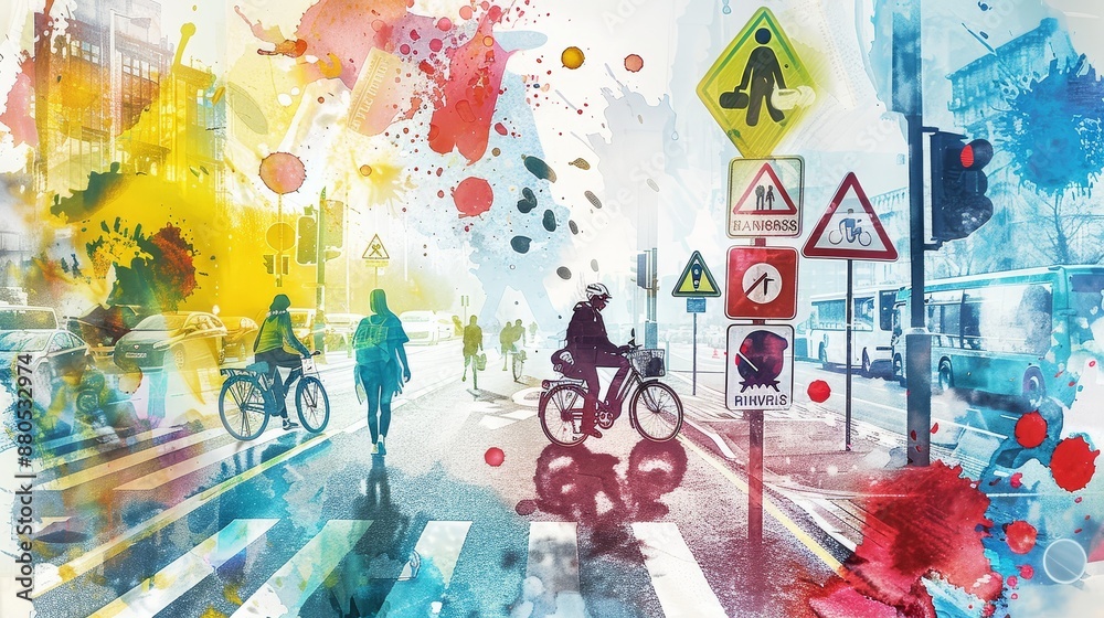 Obraz premium Watercolor Cityscape with Cyclists and Traffic Signs - A vibrant watercolor painting depicting a city scene with cyclists crossing a street intersection, traffic signs, and a colorful background. - A 