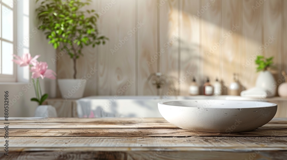 With a blurred background of a bathroom interior, a tabletop with empty products is used for product display With a blurred background of a bathroom interior, a tabletop with empty products is used for product display
