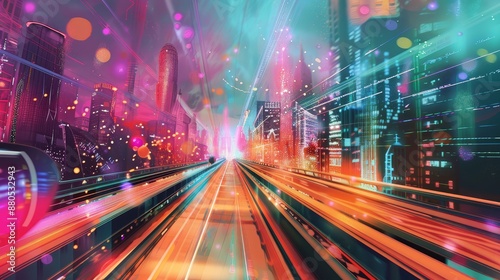Futuristic Cityscape with High Speed Train - A high-speed train travels through a futuristic cityscape at night with glowing neon lights and a dynamic motion blur effect. - A high-speed train travels 