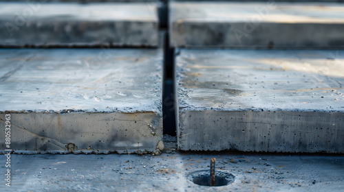 Deux plaques de béton qui sont alignées avec un espace entre elles, sur un chantier de construction.