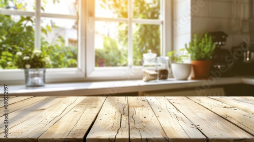 On a blurred kitchen summer window background, a bleached wooden table top is seen