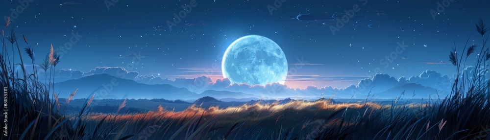 A peaceful night landscape featuring a glowing full moon and a field of gently swaying tall grasses A peaceful night landscape featuring a glowing full moon and a field of gently swaying tall grasses