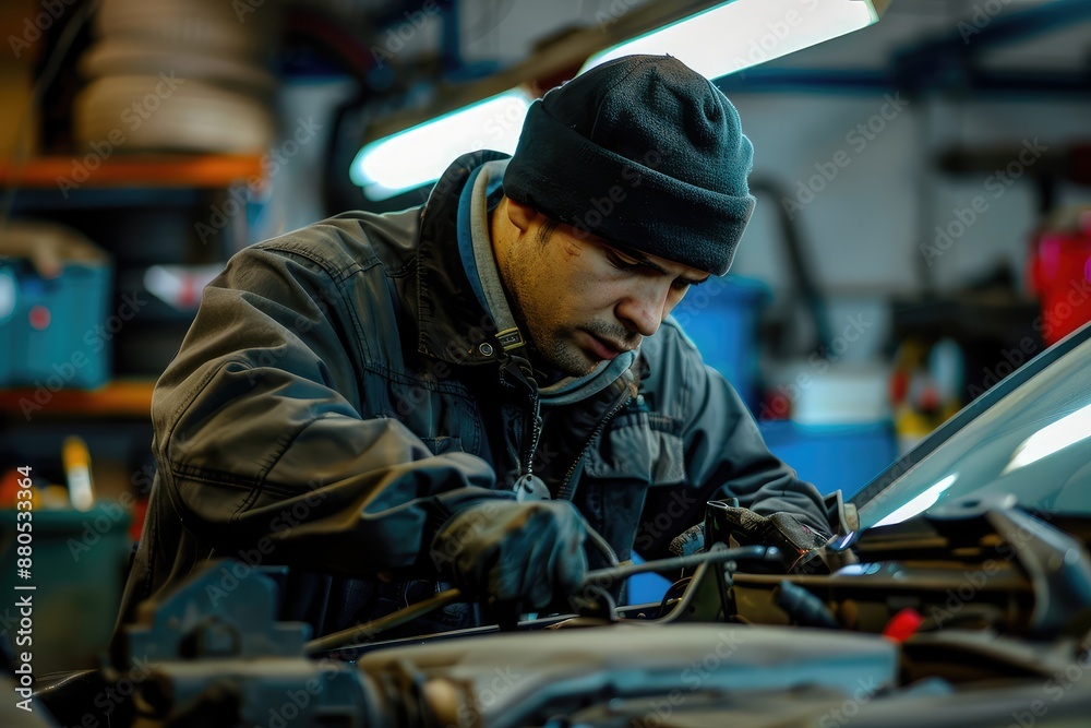 Mechanic wearing beanie fixes car engine in auto repair shop Mechanic wearing beanie fixes car engine in auto repair shop
