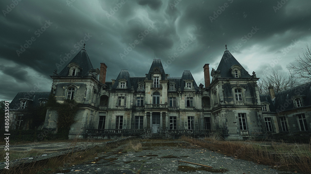 An old abandoned mansion with dark clouds in the sky. - mysterious atmosphere.
