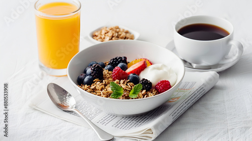 Healthy Breakfast with Granola, Berries, and Coffee