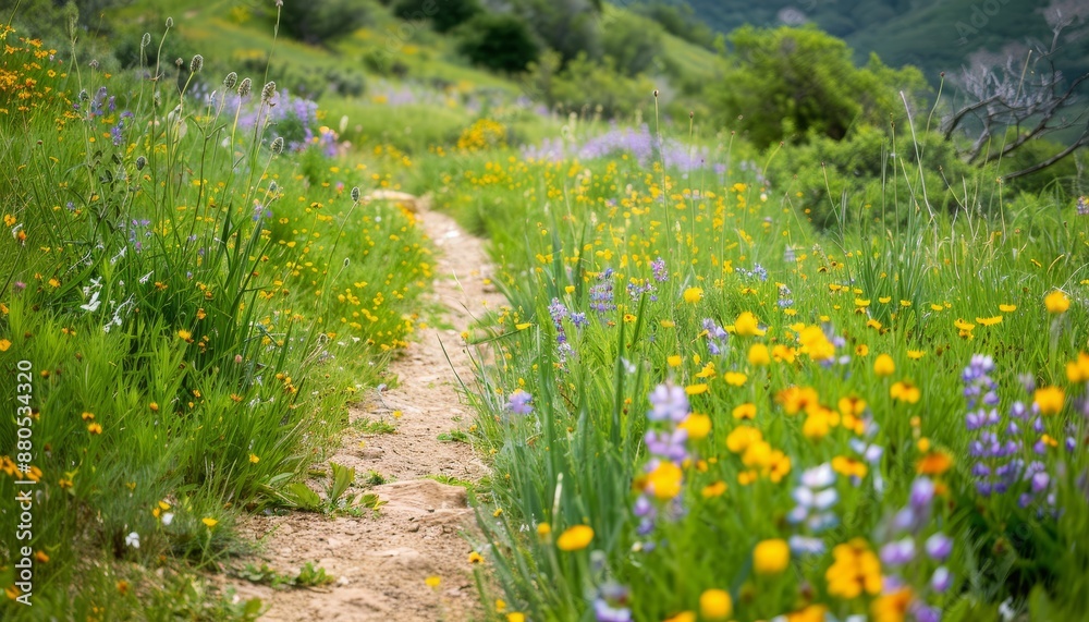 Obraz premium Scenic Hike Through a Blooming Wildflower Meadow Under Clear Skies