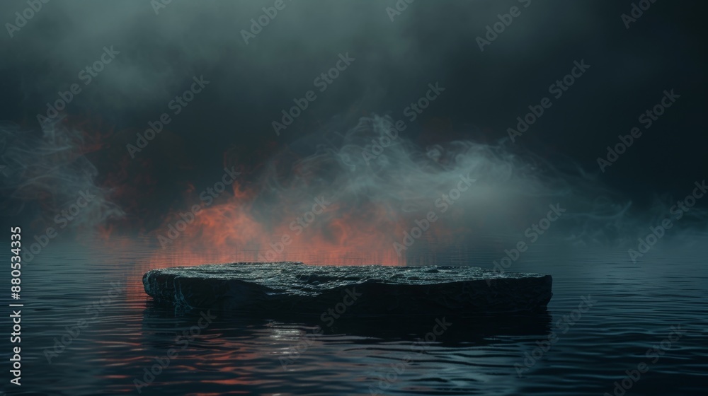 A minimalist concept with natural granite stones on a podium surrounded by water and smoke. This is a mock up template for product presentations. A 3D rendering is included. Copy text space is A minimalist concept with natural granite stones on a podium surrounded by water and smoke. This is a mock up template for product presentations. A 3D rendering is included. Copy text space is