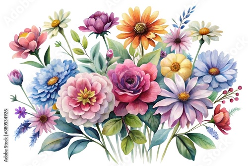 Background of bright watercolor flowers, different colors with leaves, floral pattern.