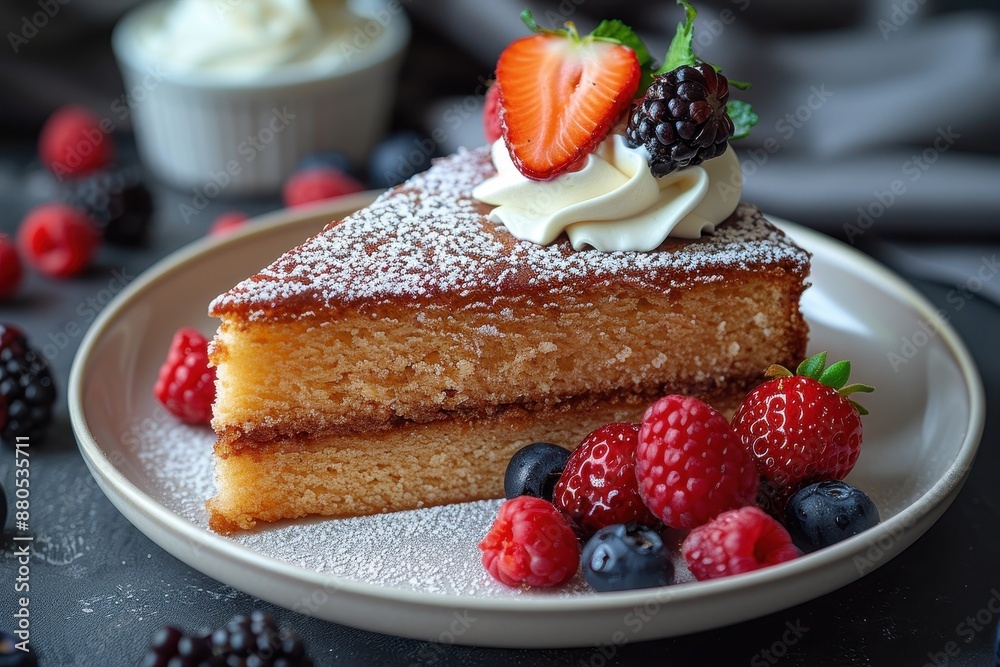 A serving of medovik, Russian honey cake, with a side of whipped cream and fresh berries. 