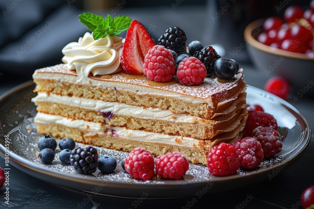 A serving of medovik, Russian honey cake, with a side of whipped cream and fresh berries. A serving of medovik, Russian honey cake, with a side of whipped cream and fresh berries.