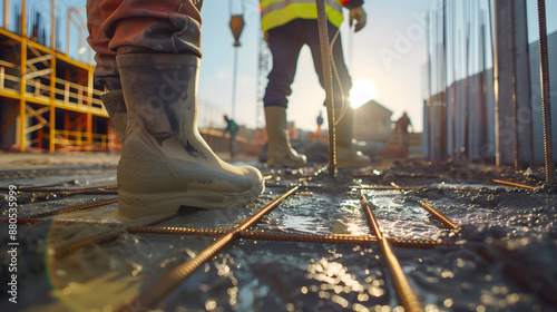 Des ouvriers en bottes de chantier travaillent sur un sol en béton armé avec des tiges de fer et des structures métalliques. photo