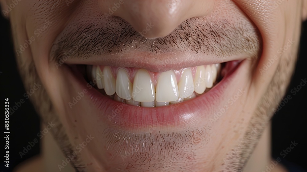 Obraz premium Close-up of a smiling man's mouth with clean white teeth and a beard. Dental care and hygiene photography for design and print. Health and wellness concept.