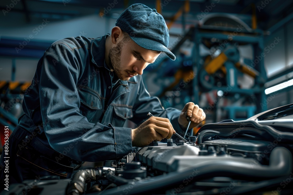 Mechanic in Blue Uniform Repairs a Car Engine