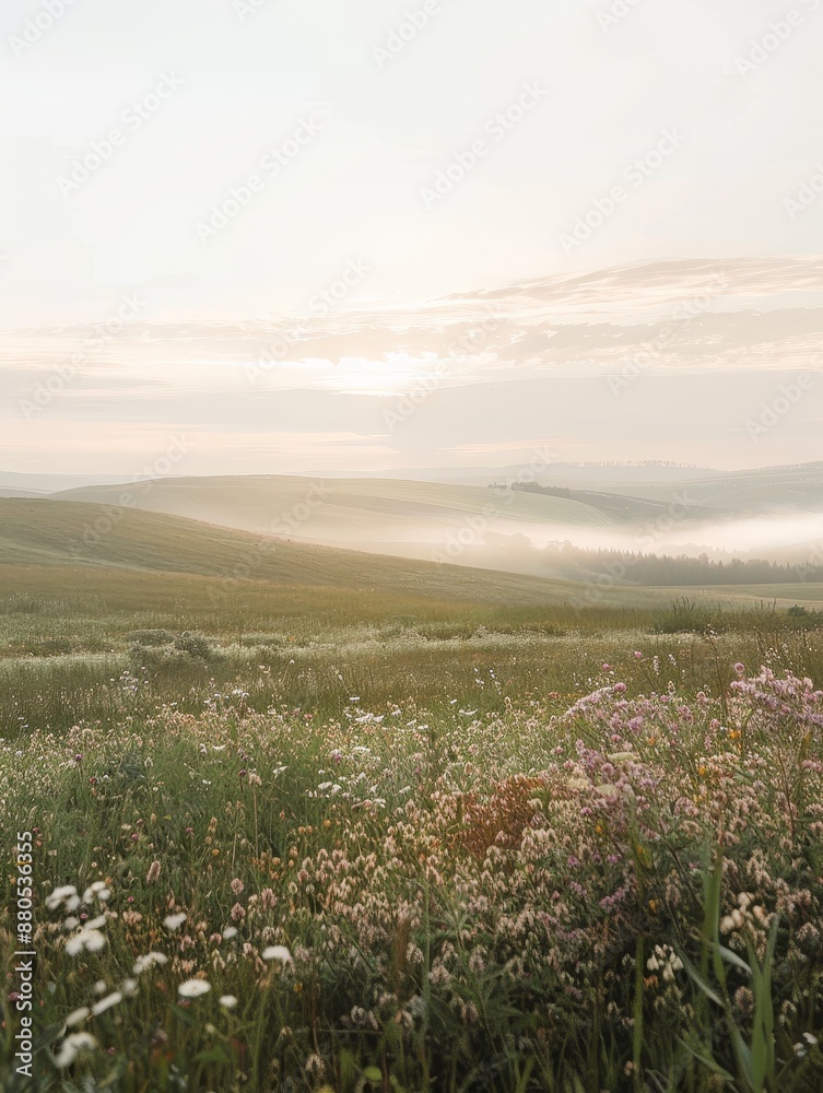 Fototapeta premium Golden Hour Landscape with Foggy Hills - A serene landscape captured during sunrise with rolling hills covered in fog and a field of wildflowers in the foreground. - A serene landscape captured during
