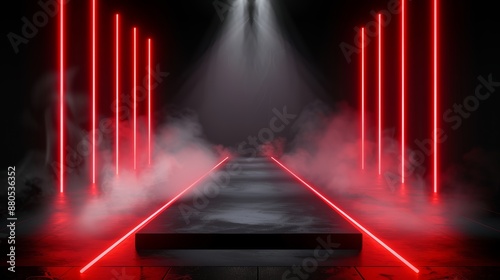 Illustration of a fashion show runway, red lights and neon lamps in smoke, black background, long podium perspective, focus cover all object
