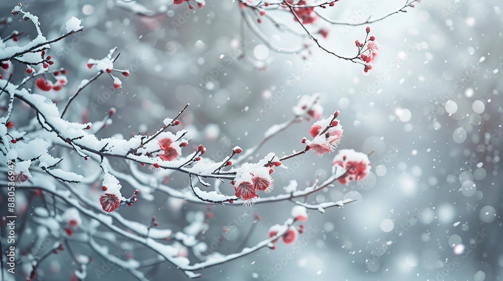 Snowy pine tree branch at the edge of a beautiful nature winter scene background, concept banner with vacation copy space