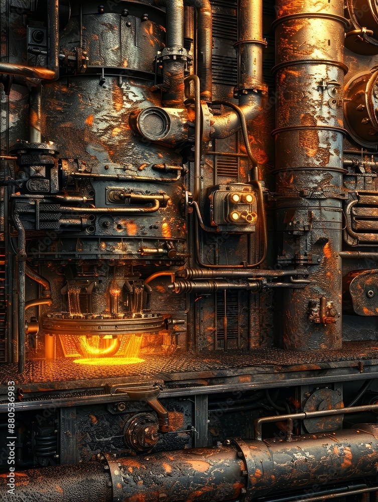 Industrial Machine with Glowing Center - A close-up view of an industrial machine with a glowing center, highlighting the intricate details of its metal construction and rusty pipes. - A close-up view Industrial Machine with Glowing Center - A close-up view of an industrial machine with a glowing center, highlighting the intricate details of its metal construction and rusty pipes. - A close-up view