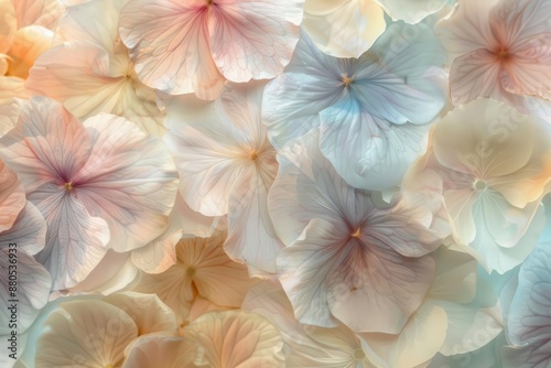 ethereal fine art floral composition featuring delicate translucent petals in soft pastel hues arranged in a dreamy abstract pattern © furyon