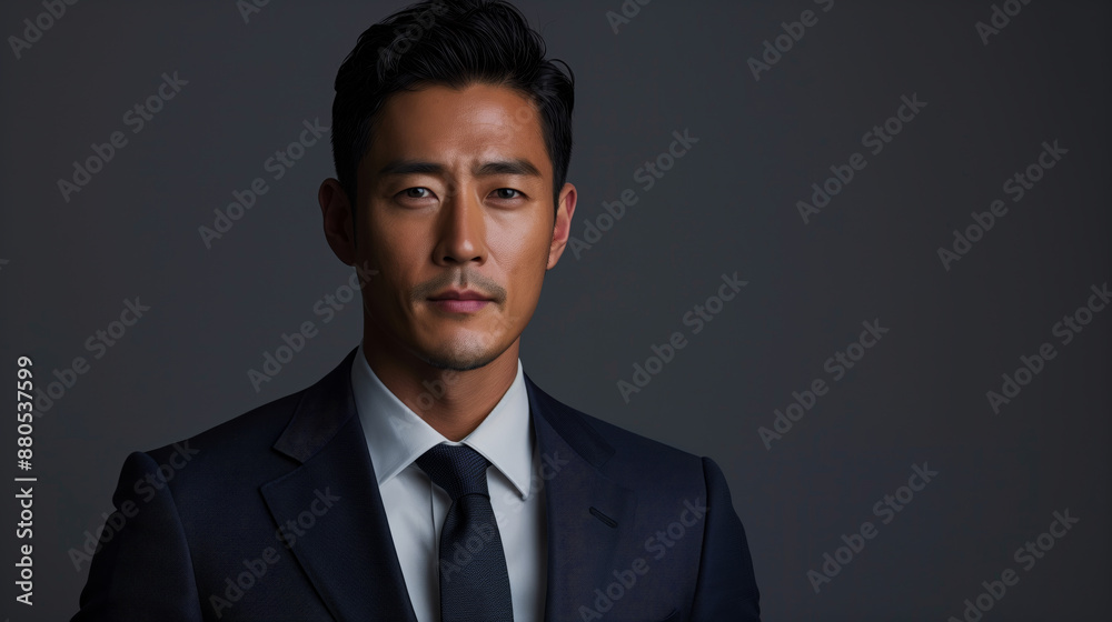 A professional photo of an Asian man in his late thirties wearing a navy suit and white shirt with a tie A professional photo of an Asian man in his late thirties wearing a navy suit and white shirt with a tie