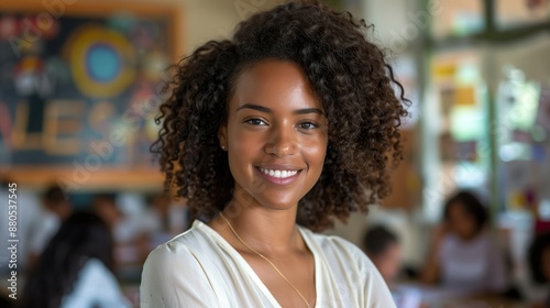 A portrait of an attractive African American female teacher with curly hair standing in her classroom smiling at the camera