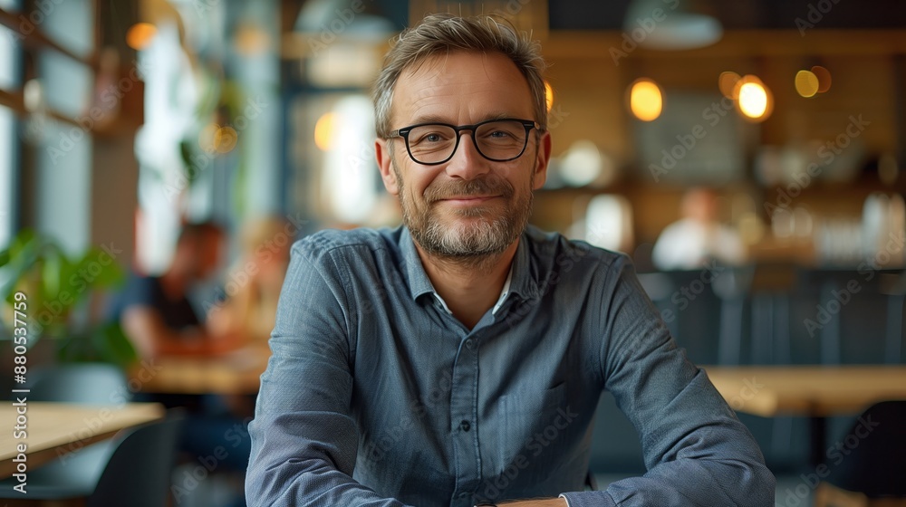 A smiling man in glasses is sitting on his wheelchair at the office table, with colleagues working behind him A smiling man in glasses is sitting on his wheelchair at the office table, with colleagues working behind him