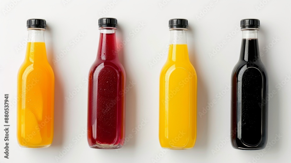 On a white background, three natural vegetable or fruit juice bottles with black caps without labels On a white background, three natural vegetable or fruit juice bottles with black caps without labels