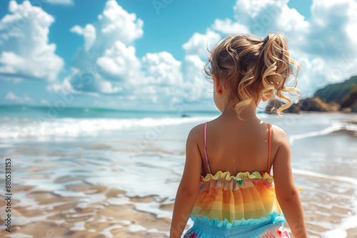 Adorable little girl at beach during summer vacation. Happy child having fun on the seashore.