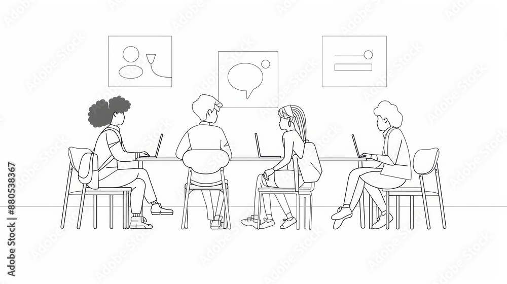 Group of people working together on laptops in a modern office setting - An illustration of four people sitting around a table, each working on a laptop. They are likely collaborating on a project or Group of people working together on laptops in a modern office setting - An illustration of four people sitting around a table, each working on a laptop. They are likely collaborating on a project or