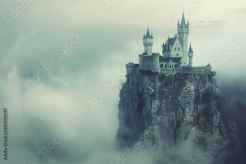 fantasy medieval castle perched on craggy cliff misty atmosphere ethereal lighting majestic spires touching clouds © furyon