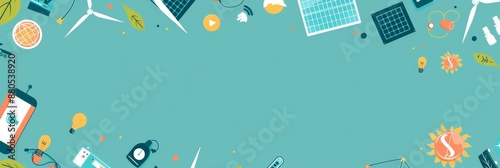 Sustainable Energy Concept - A flat design illustration of renewable energy sources including solar panels, wind turbines, light bulbs, and other eco-friendly symbols. This visual represents the trans