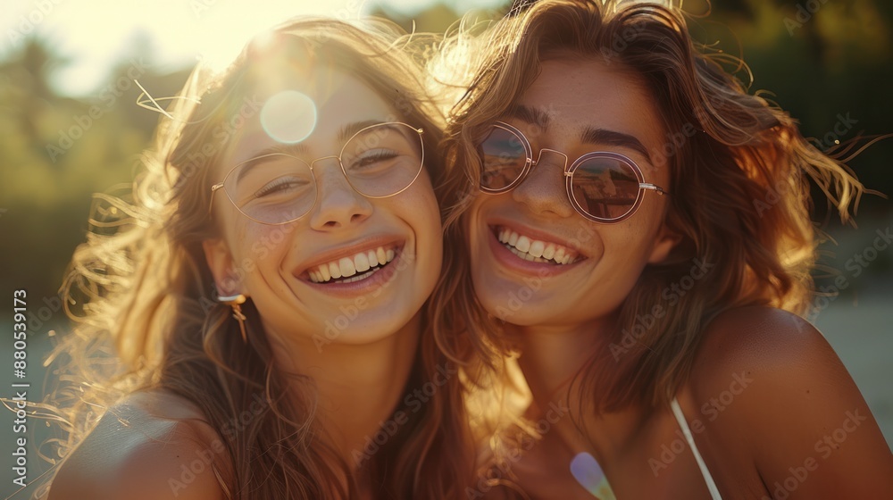 Fototapeta premium the sun, two friends laugh and pose, their joy perfectly framed
