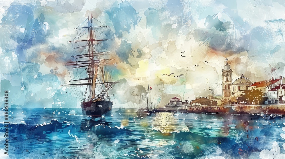 Sailing towards the City - A watercolor painting depicts a sailing ship ...