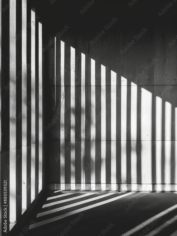 Stripes of Light in a Concrete Corridor - A black and white photo showcasing the interplay of light and shadow in an architectural space with vertical lines creating a striking pattern. - A black and Stripes of Light in a Concrete Corridor - A black and white photo showcasing the interplay of light and shadow in an architectural space with vertical lines creating a striking pattern. - A black and