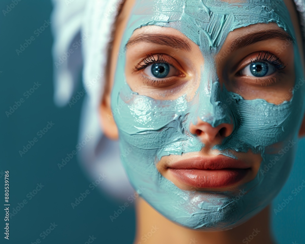 Close-up Portrait of Young Woman with Blue Cosmetic Face Mask, Spa and Skincare Concept Close-up Portrait of Young Woman with Blue Cosmetic Face Mask, Spa and Skincare Concept