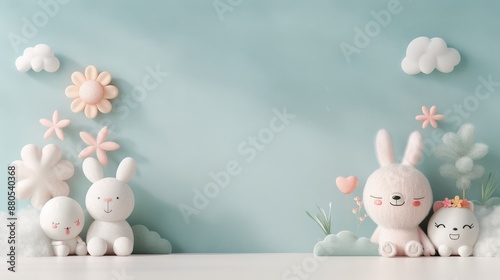 Cute stuffed animal toys with pastel colors on a turquoise background. Adorable bunny and cloud decorations for a child's room or baby shower.