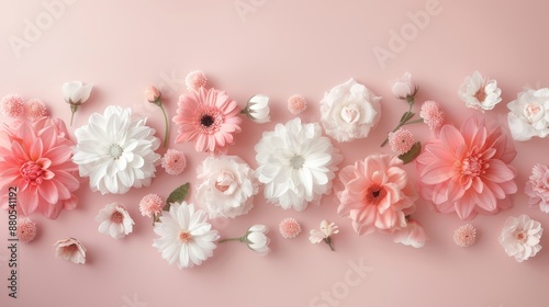 Delicate pink and white flowers arranged on a soft pink background, creating a fresh and elegant floral composition for various design uses.