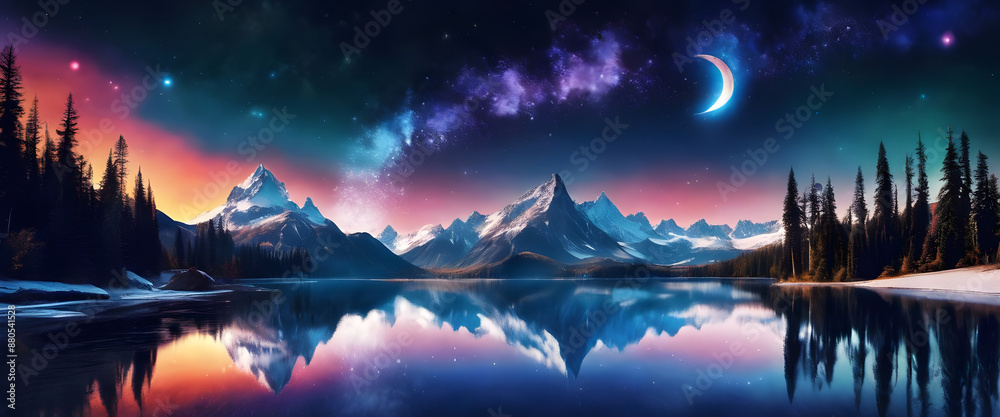 Serene Mountain Range at Night with Moon, Crystal Clear Lake, and Starry Sky – High-Definition Fantasy Landscape Wallpaper Serene Mountain Range at Night with Moon, Crystal Clear Lake, and Starry Sky – High-Definition Fantasy Landscape Wallpaper
