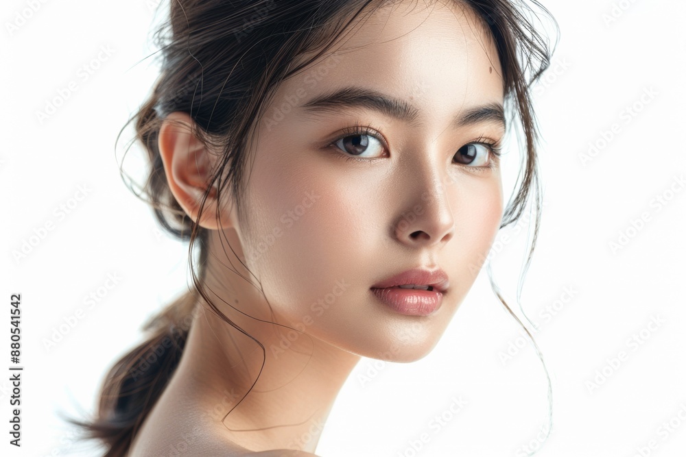 Beautiful young Asian woman with healthy and perfect skin on isolated white background.
Beautiful young Asian woman with healthy and perfect skin on isolated white background.