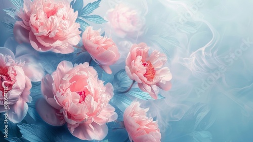 spring beautiful peonies flowers around on pink background