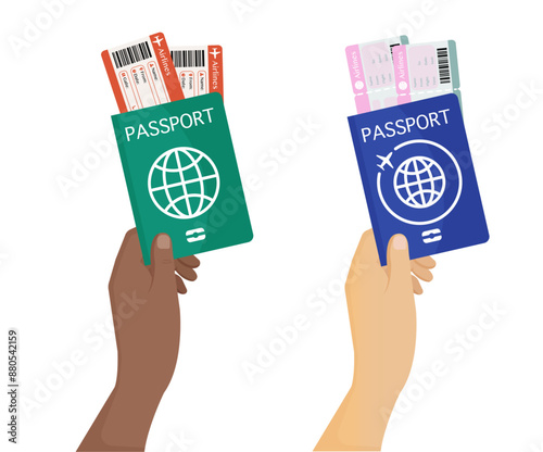 Hand holding passport with tickets for international travel and tourism