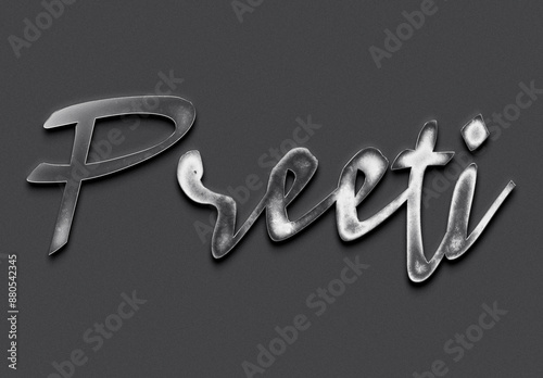 Chrome metal 3D Hindi name design of Preeti on grey background.	 photo